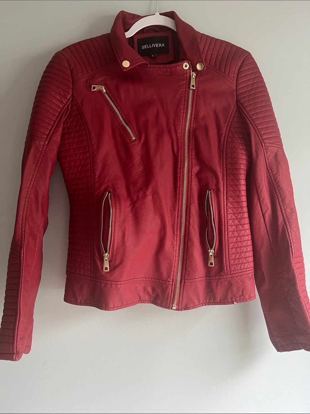 Bellivera Women's Red Quilted Moto Leather Jacket